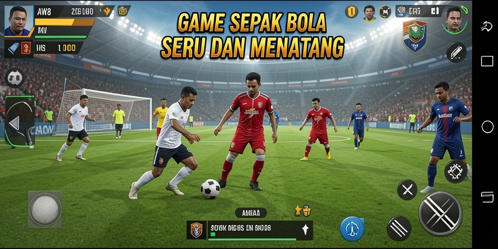 Screenshot AW8 menampilkan aksi pemain di lapangan sepak bola.